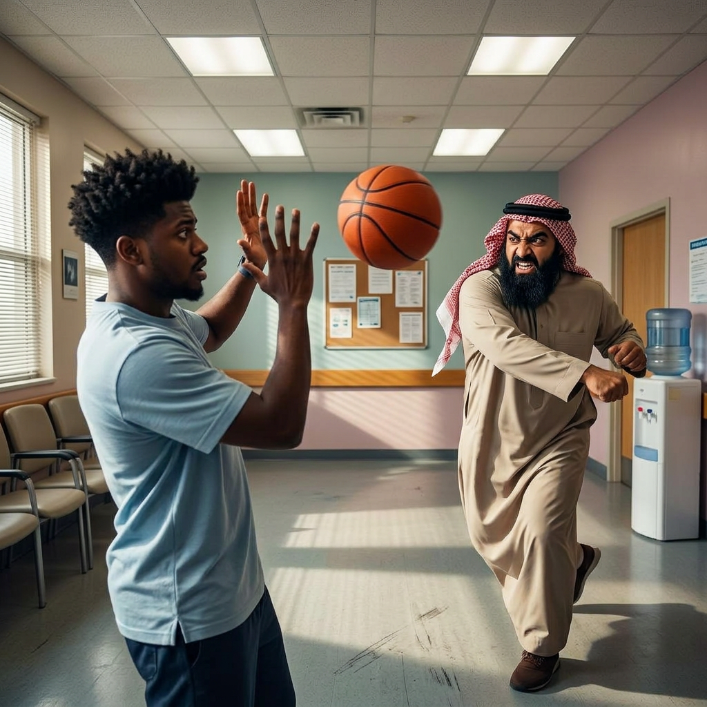 Action shot of a young Black man dodging as a bearded Arab man tries to hit him with a basketball