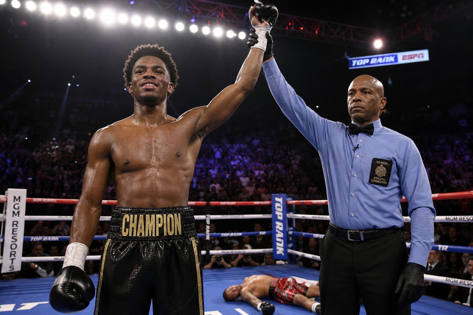 A young Black man standing in a boxing ring with his opponent knocked out on the canvas, the referee raising his hand in victory