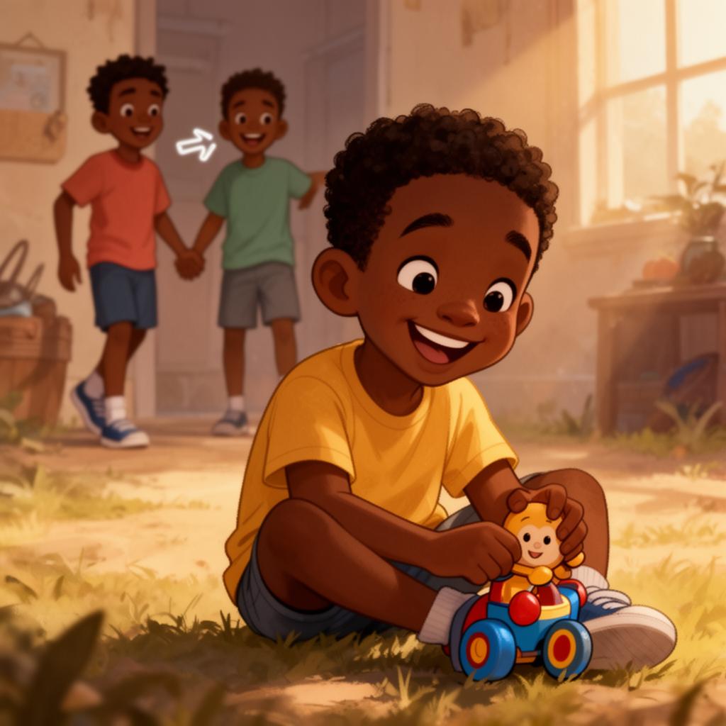 Animated illustration of a young boy being turned away by a friend, then smiling and playing with a toy on his own