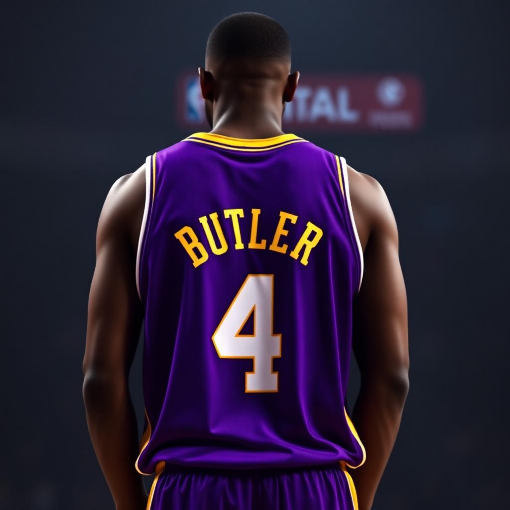 A young Black man wearing a purple Los Angeles Lakers jersey with number 4 and BUTLER on the back