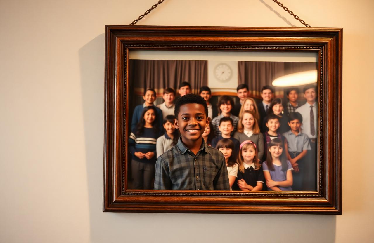 A framed class photograph of a Black teenage boy smiling brightly in the front row, surrounded by classmates