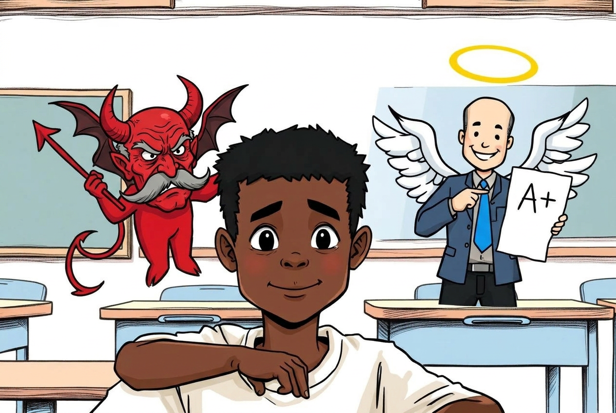 Illustration of a Black teen in a classroom with a devil-shaped scolding teacher on his left shoulder and an angel-shaped bald white teacher holding an A+ grade on his right shoulder