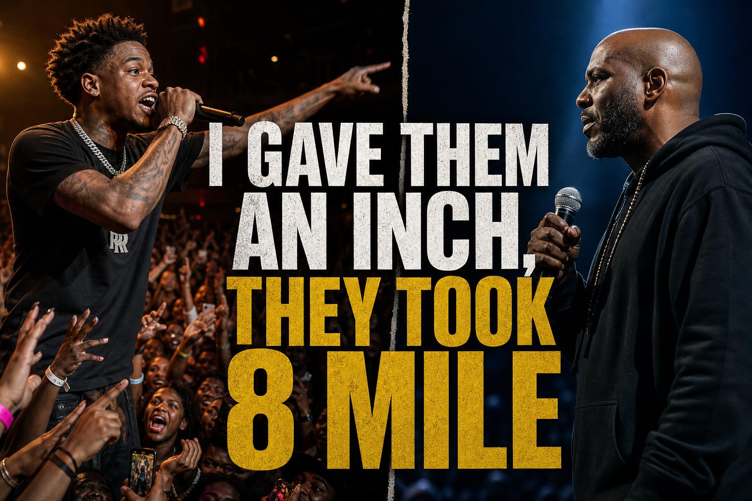 A young Black man on stage with a microphone and a crowd going crazy, opposite a bald Black man also with a microphone, headline reading 'I gave them an inch, they took 8 mile'
