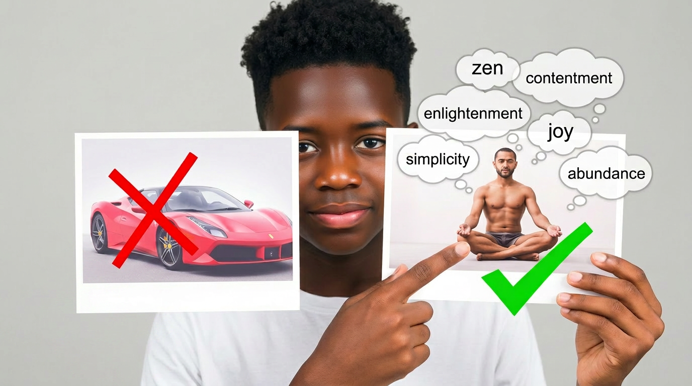 The same teen holding two photos side by side: a Ferrari with a red X and a meditating man with a green check, pointing at the meditation photo