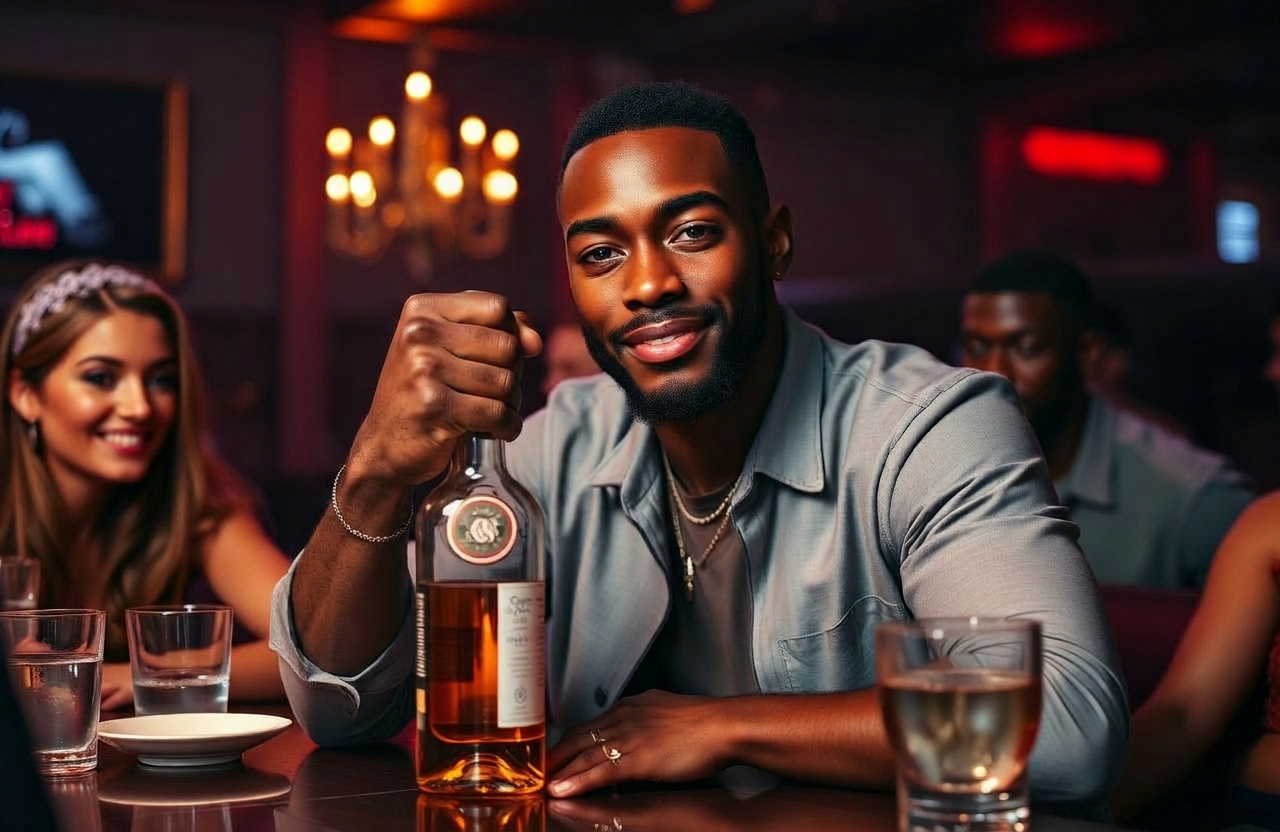 The same man calmly raising his hand to decline a bottle of alcohol