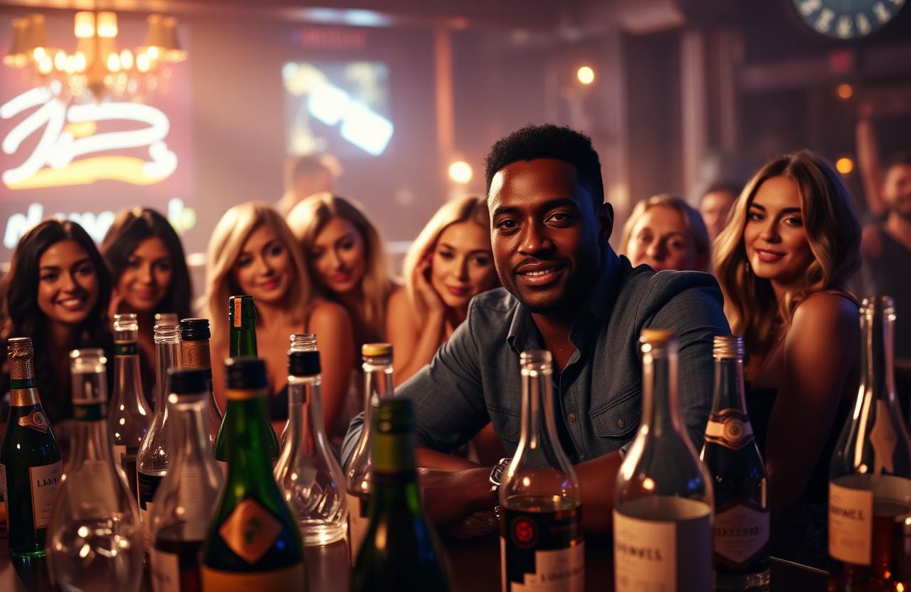 A handsome 30-year-old Black man at a nightclub table surrounded by friends and many bottles of alcohol
