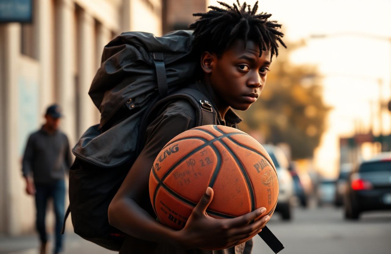 A Black homeless teen carrying all his possessions in a backpack on his back, holding a worn basketball