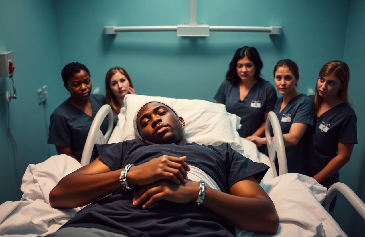 A young Black man with a head bandage handcuffed to a hospital bed, surrounded by five white female nurses