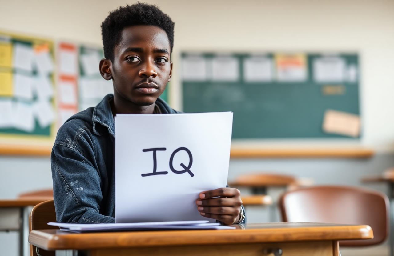 A Black teen in raggedy clothes at a classroom desk holding a paper labeled IQ with a red arrow pointing off the page upward