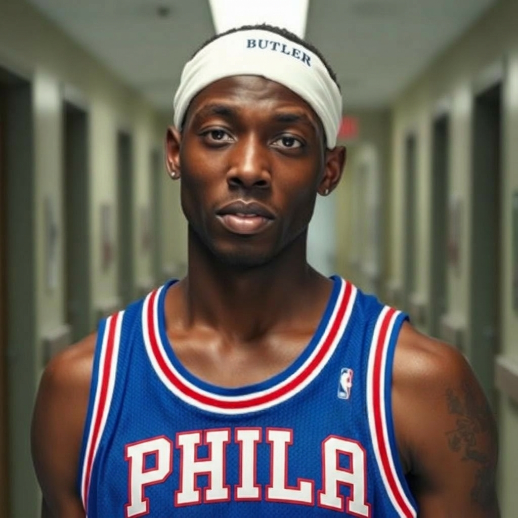 The same young Black man with bandages on his head wearing a blue Philadelphia 76ers jersey, number 23 with BUTLER on the back