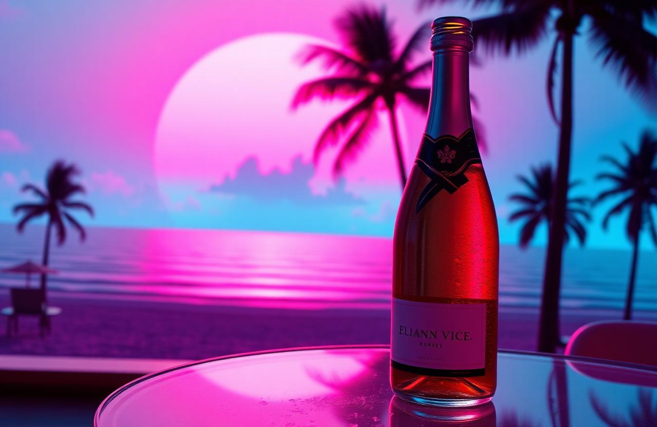 Miami Vice style summer scene with neon pink and teal sunset, palm trees, and a bottle of alcohol-free bubbly