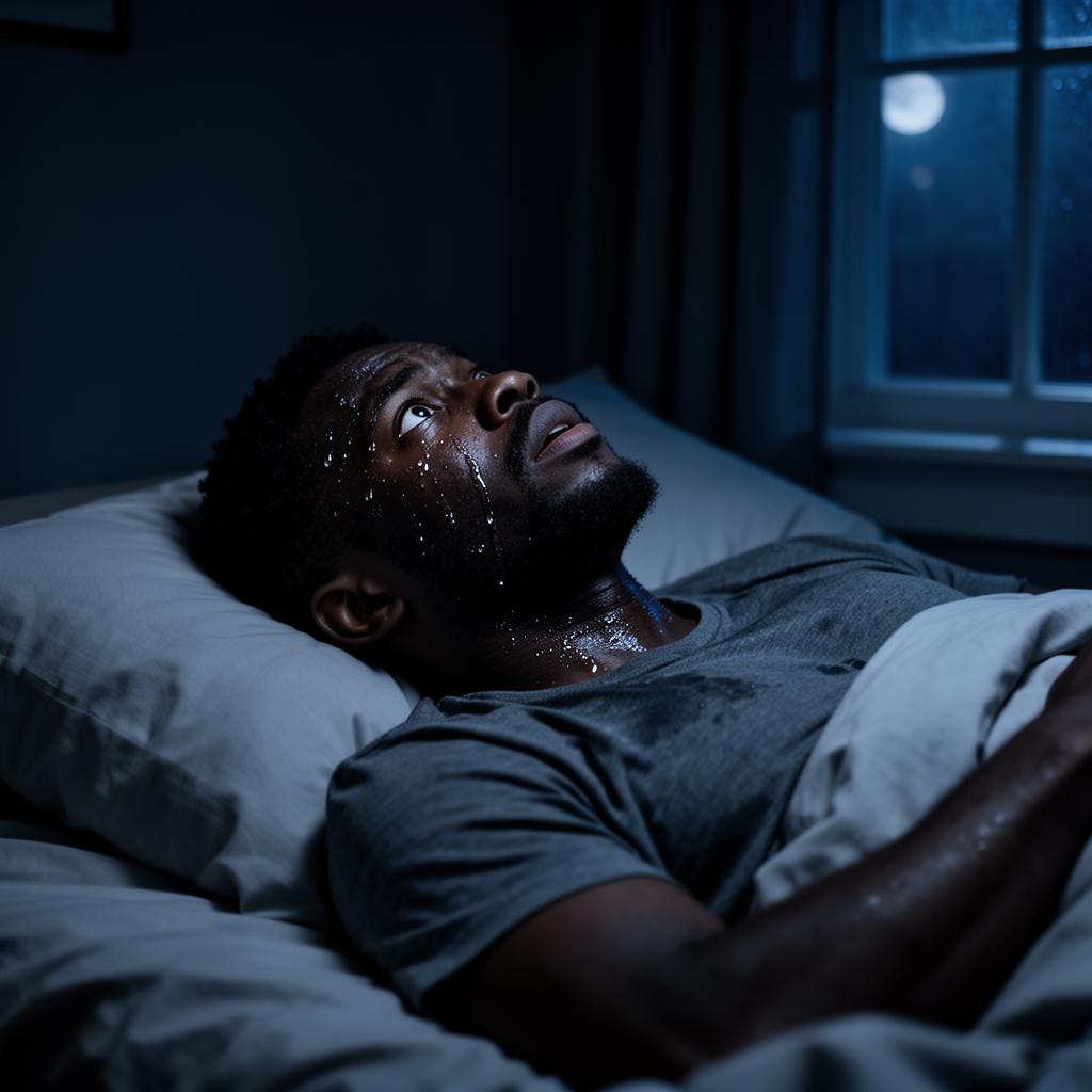 A Black man in bed at night, head raised above his pillow in a cold sweat after waking from a nightmare