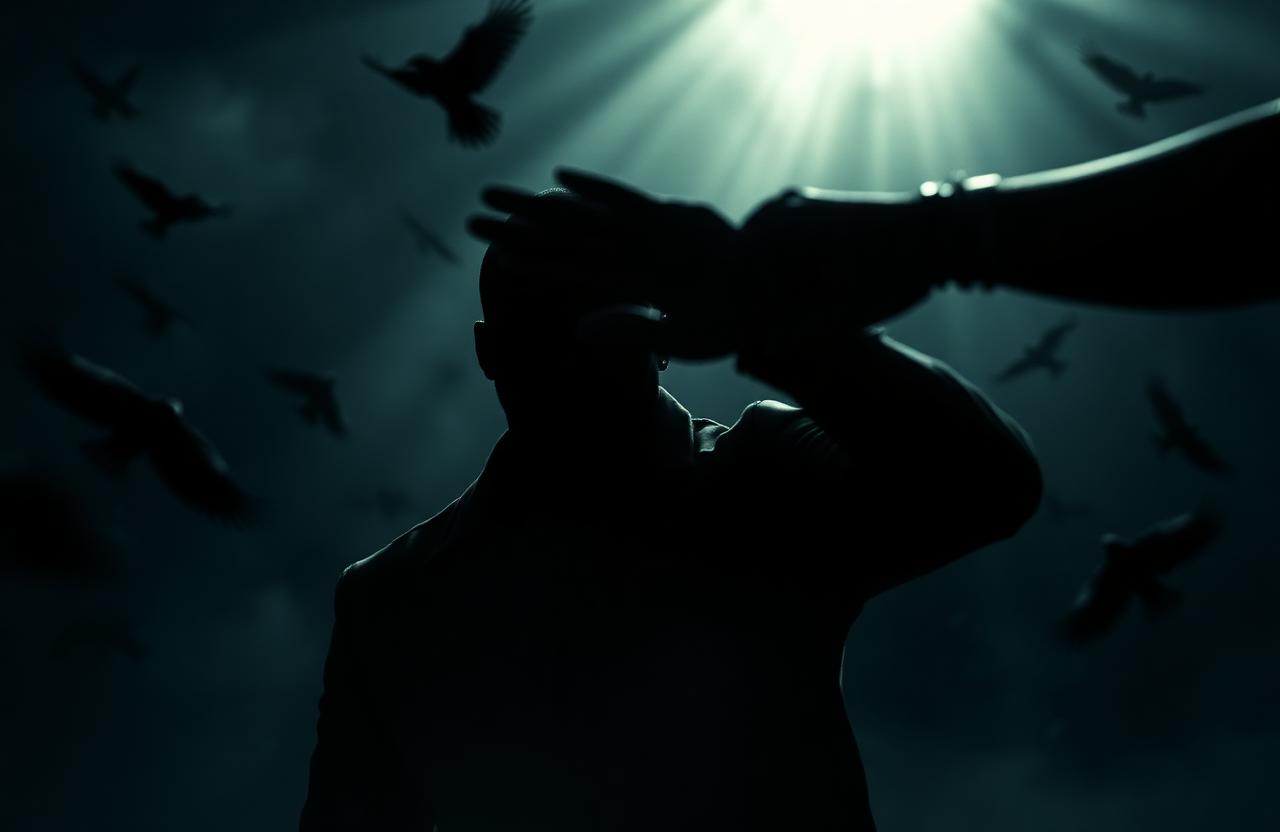 Silhouette of a Black man shielding his face from a swinging hand weight, ravens circling in a dark dream-like sky