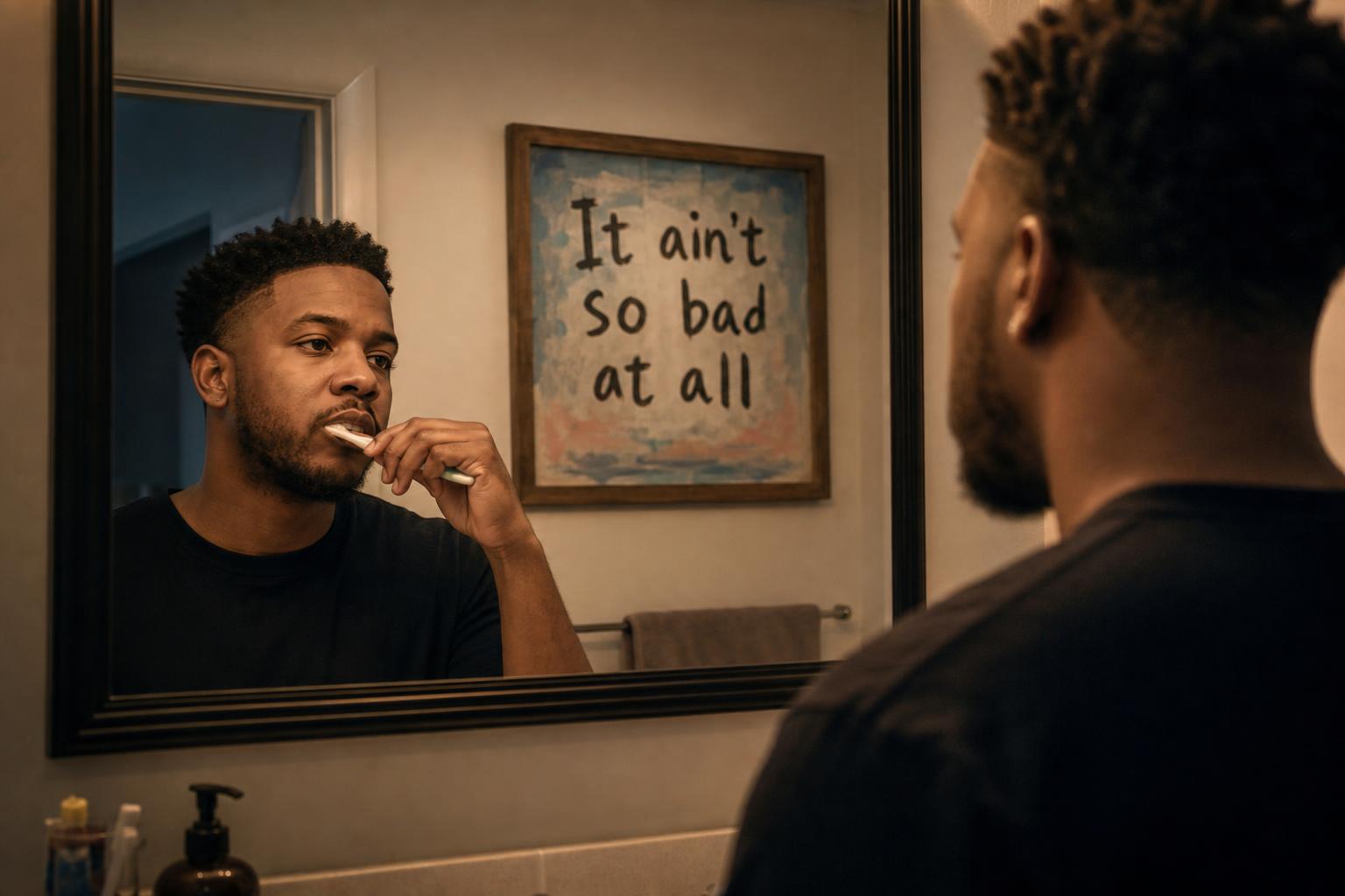 The same man brushing his teeth in the bathroom mirror, with a framed painting reading 'It ain't so bad at all' on the wall