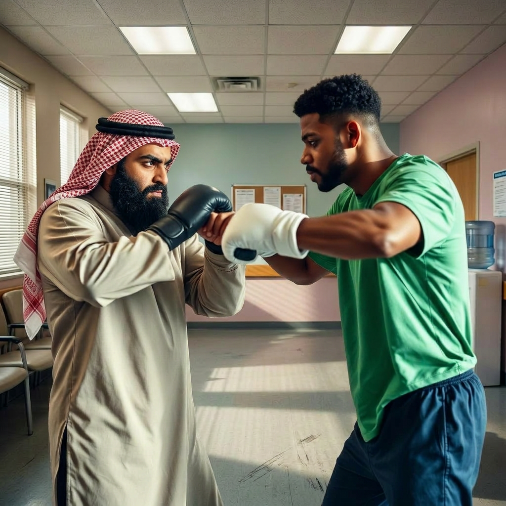A bearded Arab man and a young Black man shadowboxing together, throwing playful jabs and uppercuts