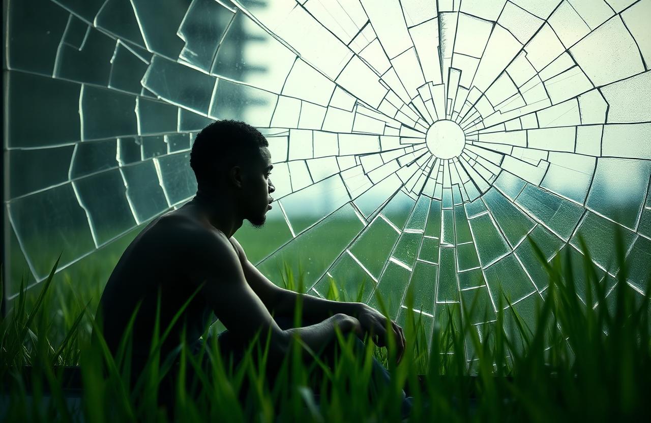 A young Black man sitting in the grass on the other side of a shattered glass window